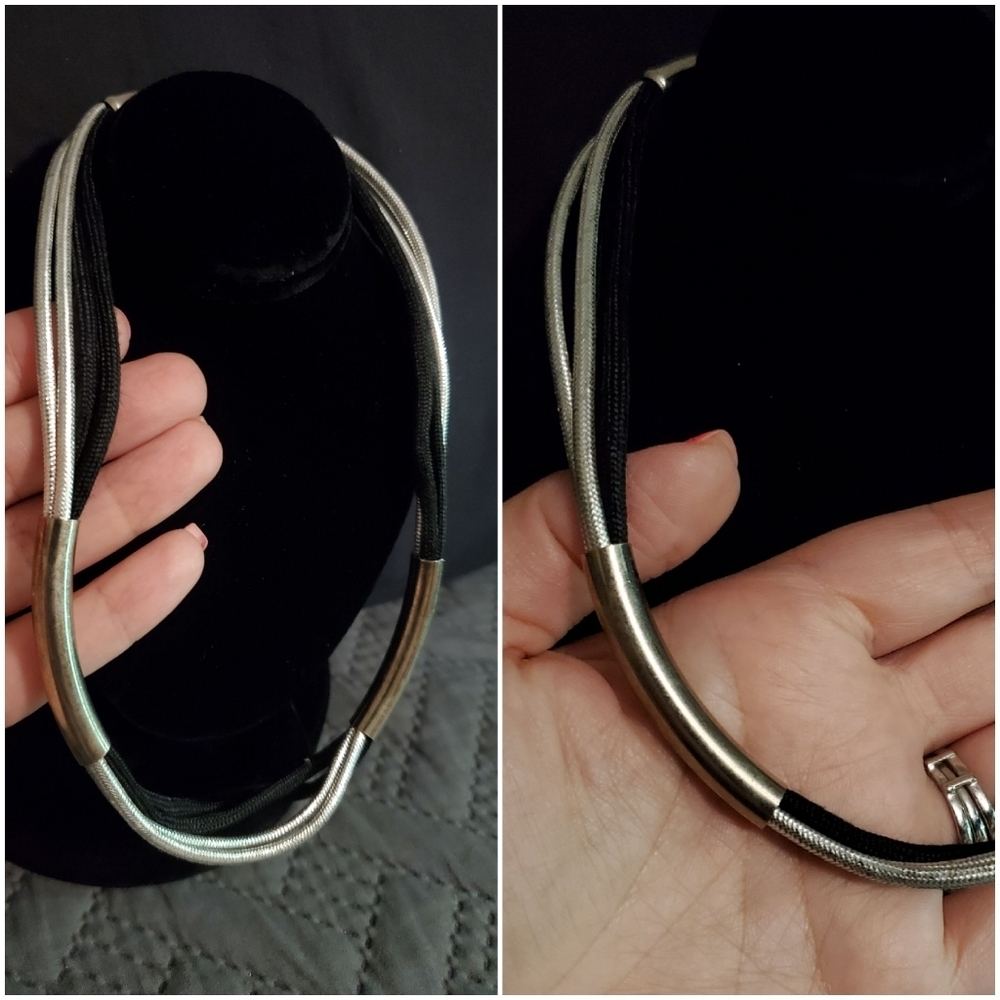 Vintage 70s Black & Silver Rope W/Metal Necklace